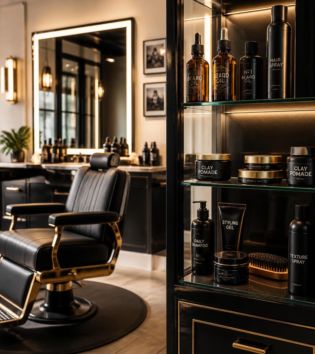 Barbearia moderna com cadeira premium e expositor de produtos para barba e cabelo