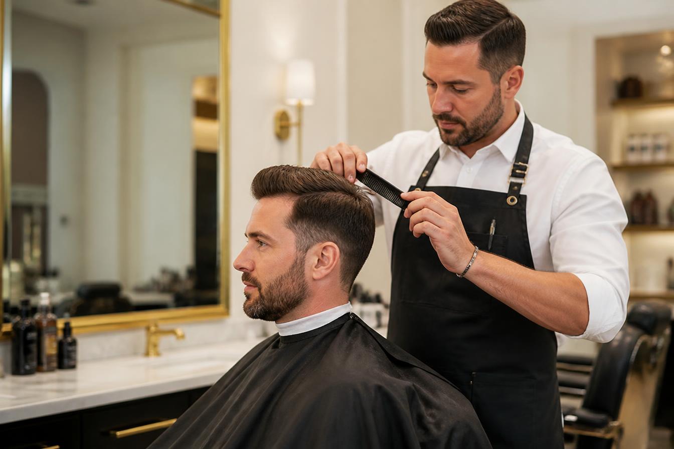 Barbeiro profissional cortando o cabelo de um cliente em uma barbearia moderna e premium